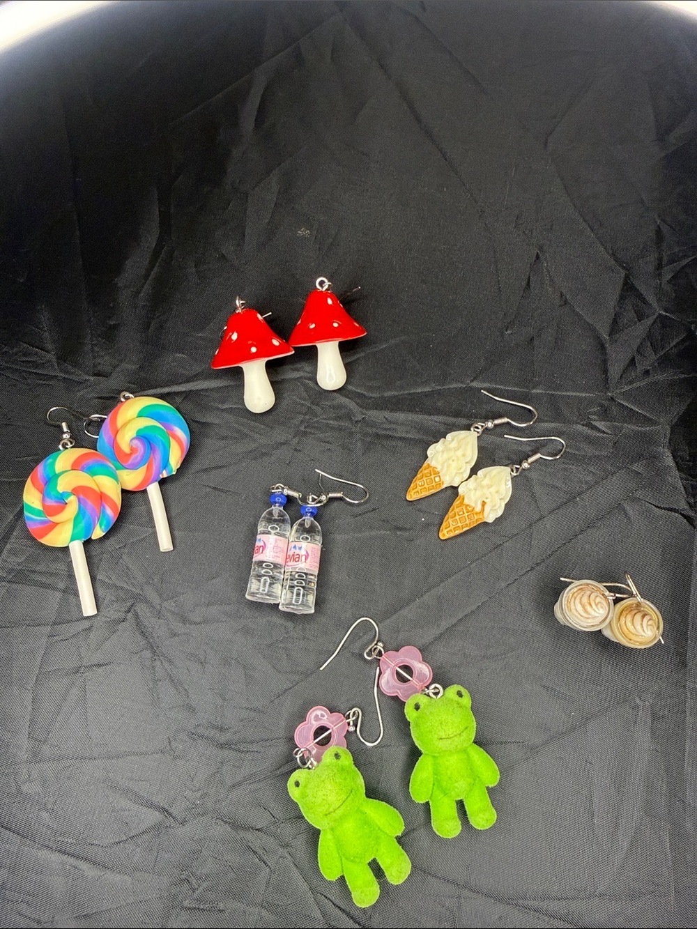 A lote of crazy Multicolor Candy, Red Mushroom, Green Frog Novelty Earrings
